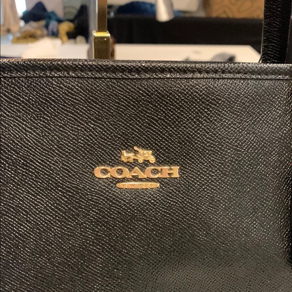Extra Large Coach Black Leather Tote Bag gold accents EUC - Picture 3 of 14
